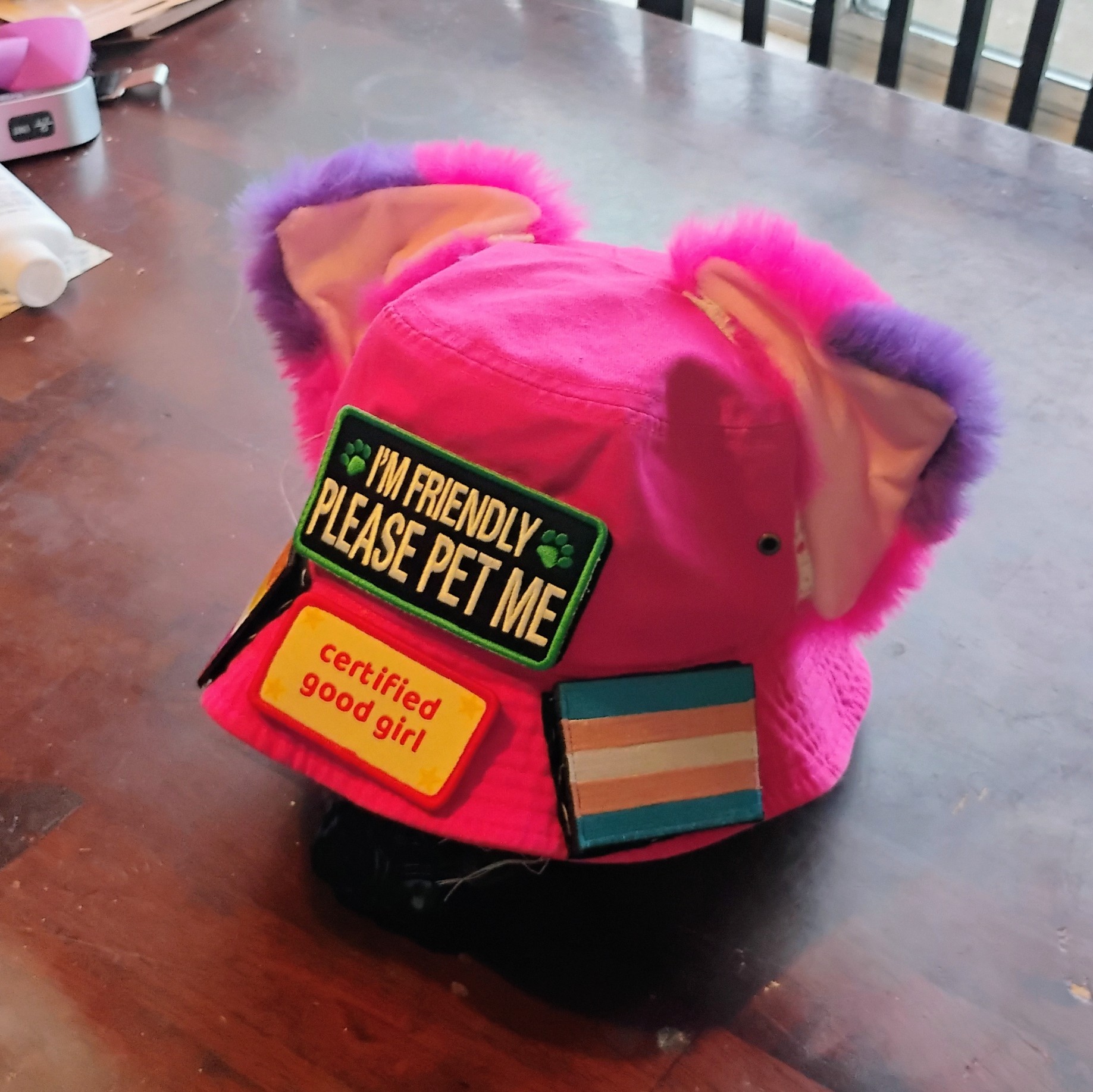 front of my hot pink bucket hat with cat ears and lesbian flag and trans flag and certified good girl and i'm friendly please pet me patches sewn on